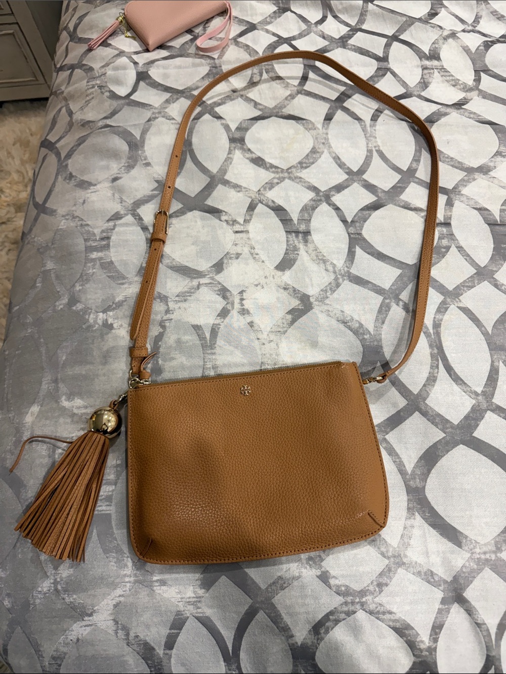 Tory Burch Cognac Pebbled Leather Crossbody with Tassel Charm